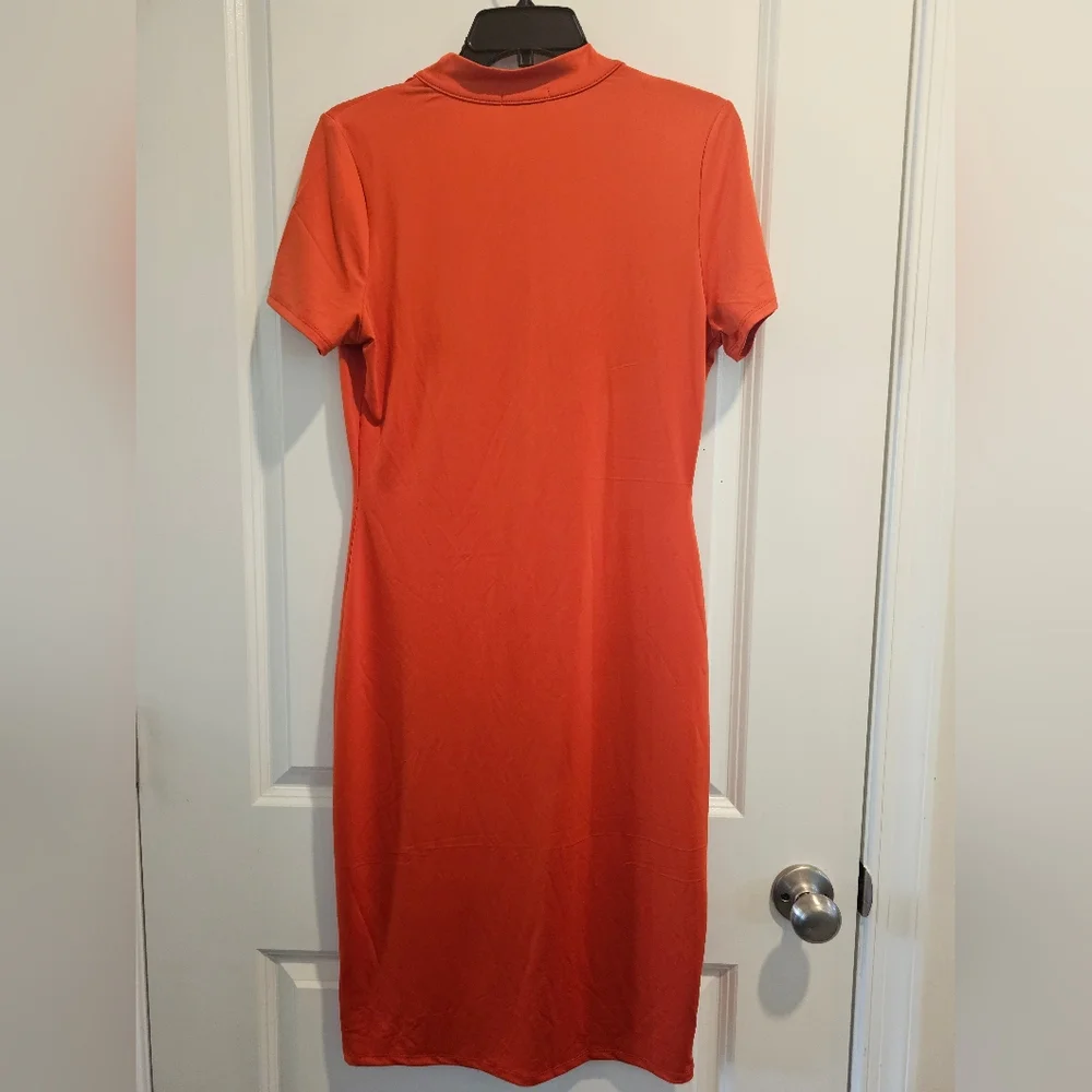 Women's szL Elegant Orange Zippered Midi Dress Body Hugging Fall Festival Career